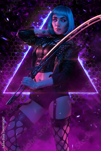 Cyberpunk woman with sword posing against shiny purple background