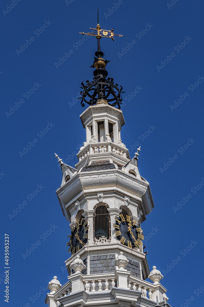 Fototapeta premium Architectural fragments of old Amsterdam building: XIX century Neo-Renaissance-style building, former Town Hall and Archive of Amstel Community (now 5-star hotel). Amsterdam, The Netherlands.