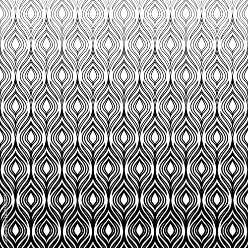 Peacock pattern. Halftone feather background. Abstract geometric gradient. Black white fading texture for design prints. Faded patern. Backdrop fades bird motif. Ethnic ornament. Vector illustration