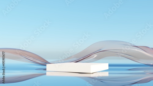 Podium pedestal for cosmetic products display. Glass ribbon in the wind on water. abstract wallpaper for banner. 3d rendering.
