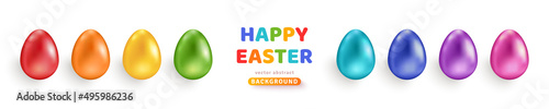 Happy Easter colored eggs set, 3d rainbow gradient realistic icons isolated on white background. Vector illustration. Concept header pattern, place for text, spring fun fair