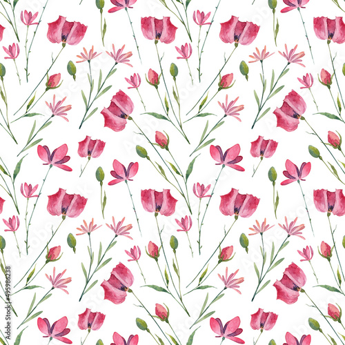 Square seamless pattern with cute red poppy flowers and green leaves on a white background. Hand painted watercolor poppy botany