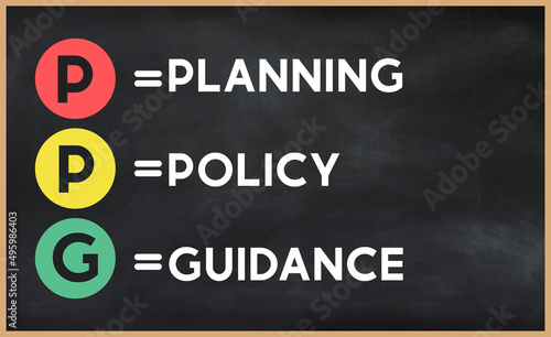 Planing policy guidance - PPG  acronym written on chalkboard, business acronyms.