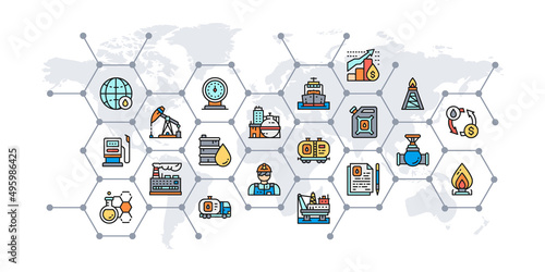 Oil industry presentation banner with colored icons. Fuel Truck, Engineer, Gasoline, Cargo Ship infographics for web business concept.