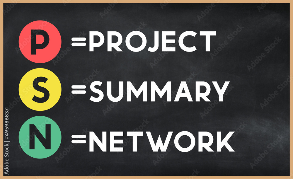 Obraz premium Prooject summary network - PSN acronym written on chalkboard, business acronyms.