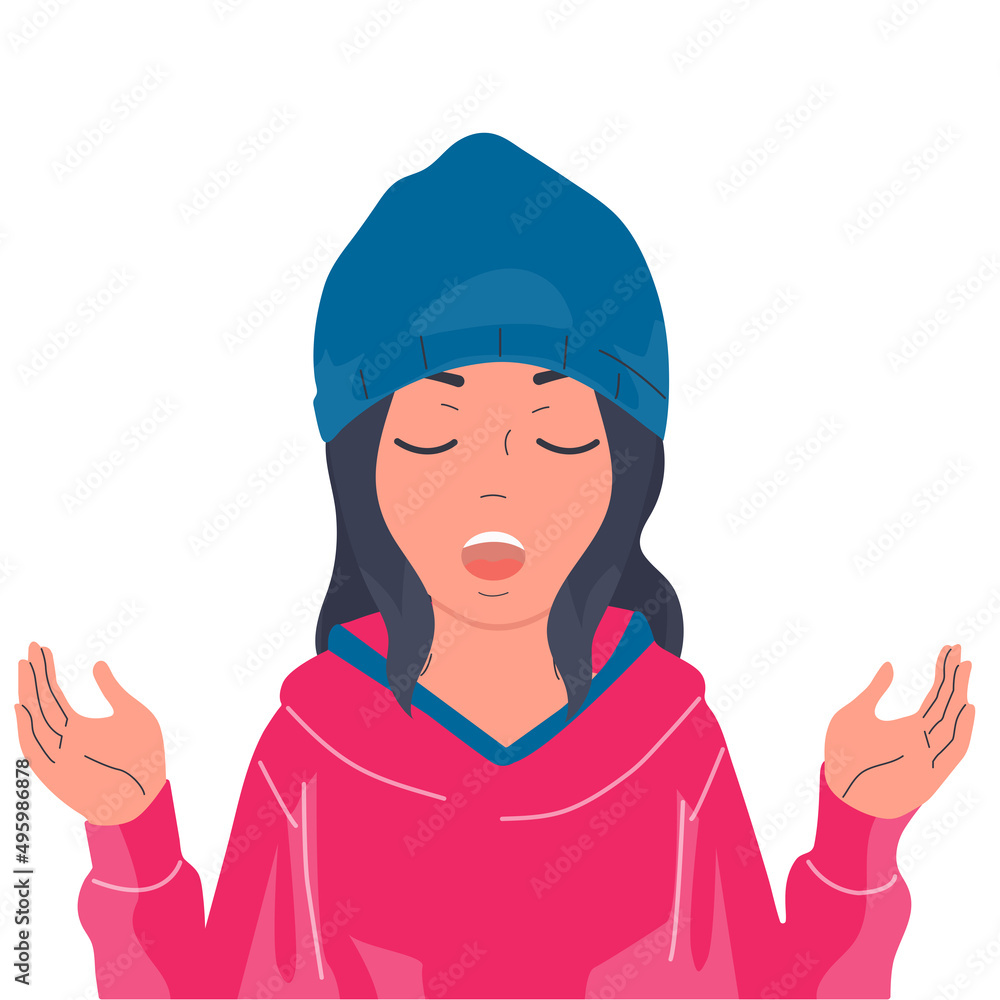 A girl in a blue hat is meditating. Vector, flat, color.