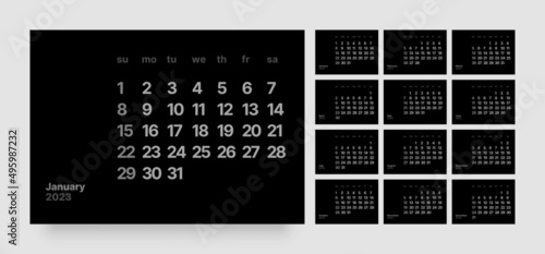 Monthly calendar template for 2023 year. Wall calendar in a minimalist style. In dark colors. Week Starts on Sunday. 