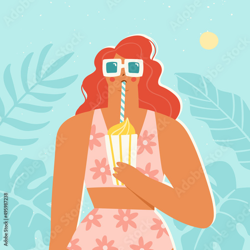 Vector illustration of a girl with a milkshake spending her summer vacation at a resort. Young woman wearing sunglasses and a swimsuit with tropical leaves behind. Summer holiday concept.