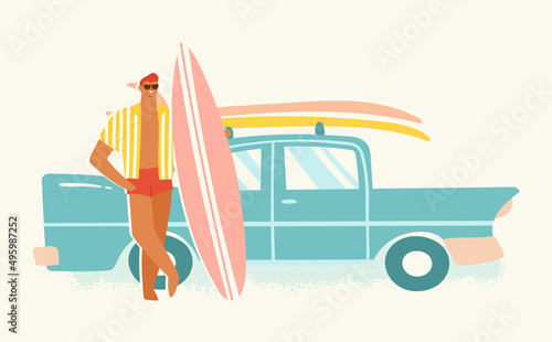 Photography Male surfer standing near his car with a surfboard
