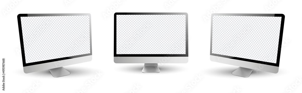 Three Computer Monitors with blank white screen. Vector illustration mockup. Three Computer Monitors with blank white screen. Vector illustration mockup.