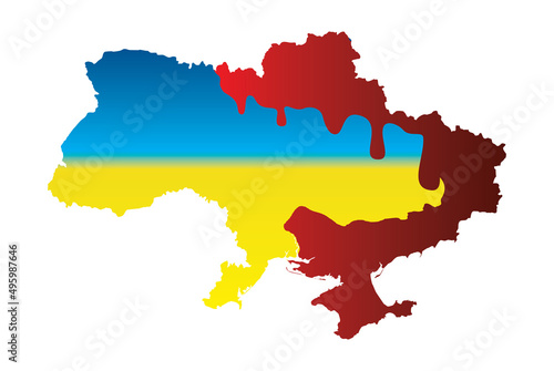 Map of Ukraine with bloody war zone and ukrainian national flag on background. International protest poster. Banner calling to stop the war of russia against Ukraine. Vector eps8 illustration.
