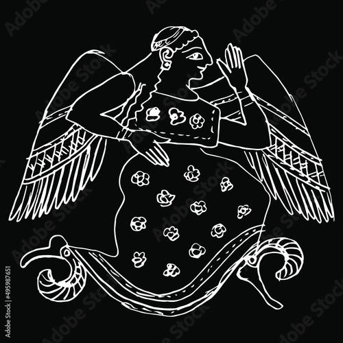 Winged ancient Greek goddess Eris or Nike. Vase painting style. Hand drawn linear doodle rough sketch. White silhouette on black background.