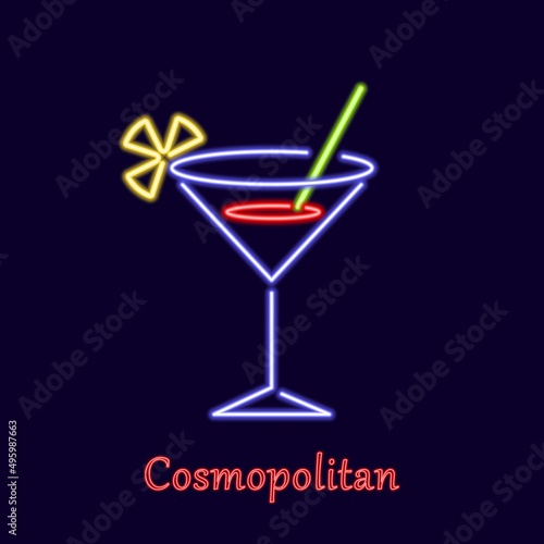 Neon cosmopolitan cocktail. Glowing trendy alcoholic drink with straws and lemon slice. Modern classic with triple sec liqueur with vodka and cranberry vector juice