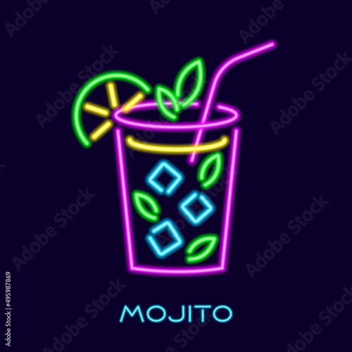 Neon mojito cocktail. Glowing purple long drink with straw mint and lime wedge. Modern refreshing classic with white rum and angostura vector liqueur
