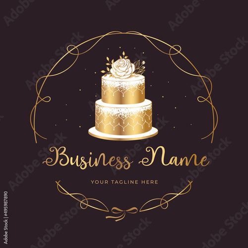 Cake logo design, bakery logo, wedding cake with golden sequins and white flowers