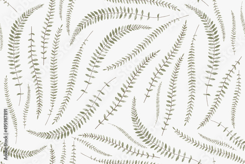 Floral summer seamless pattern with fresh green asplenium leaves. Watercolor hand drawn isolated illustration border, meadow or floral background for your design.
