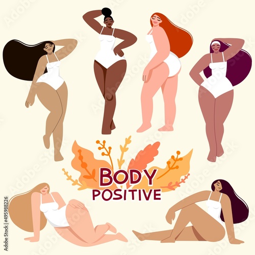 Dark-skinned girls and girls with light skin in various poses. Body positive. Love your body
