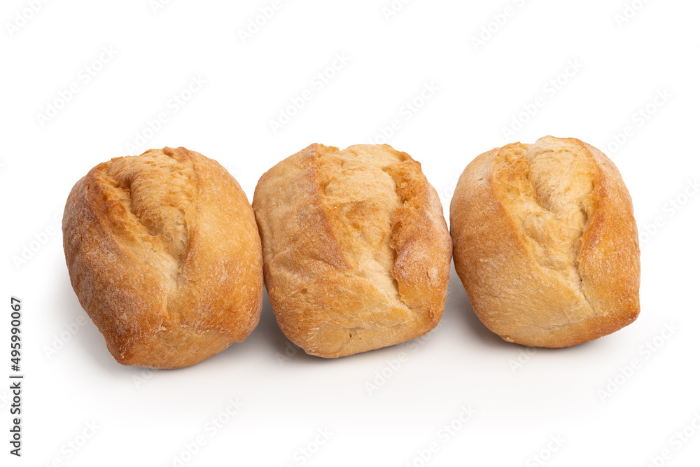 Freshly baked wheat buns isolated on white with shadow