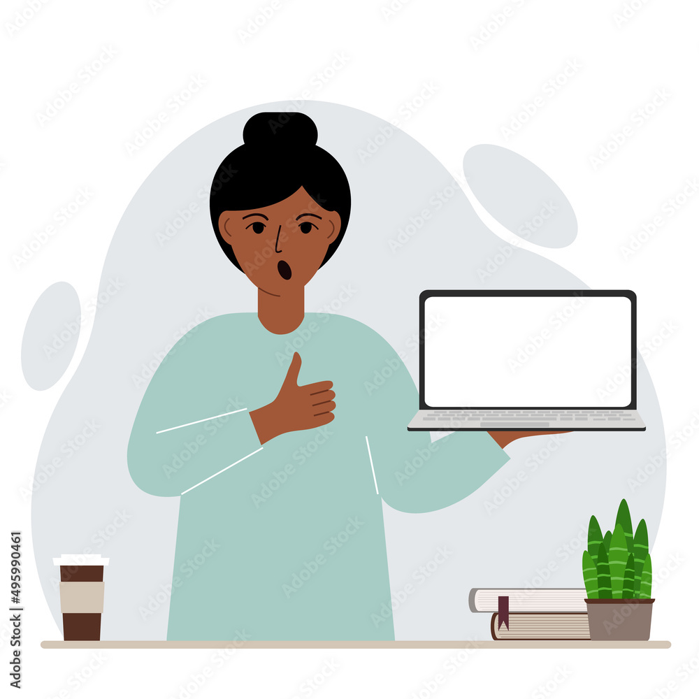 A woman holds a laptop computer on his hand and shows a thumbs up sign. Laptop computer technology concept. Vector A woman holds a laptop computer on his hand and shows a thumbs up sign. Laptop computer technology concept. Vector