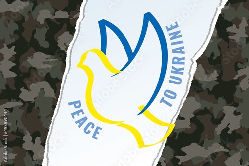Peace to Ukraine Anti War Concept with Dove Peace Symbol Flying Through Cut Military Camouflage Layer - Ukranian National Colors over Khaki Background - Mixed Graphic Design photo