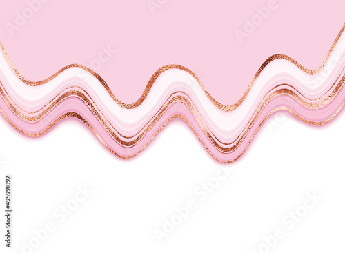 Liquid falling wave background design with rose gold glitter stripes.