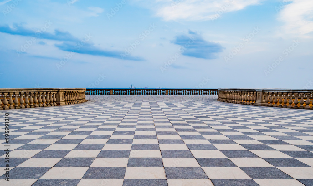 Scenic view of Terrazza Mascagni, stunning belvedere terrace with a paved checkerboard surface, Livorno, Tuscany, Italy
