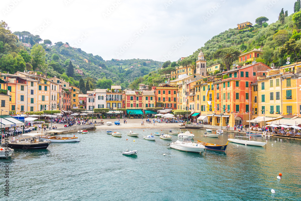 The beautiful Portofino with colorful houses and villas in little bay harbor. Liguria, Italy
