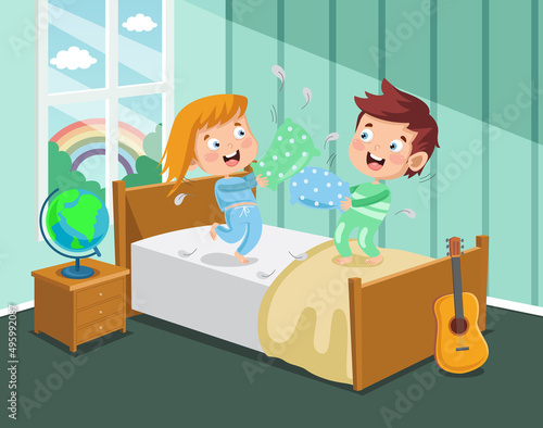 Cartoon Kids Pillow fighting on Bed Flat Illustration
