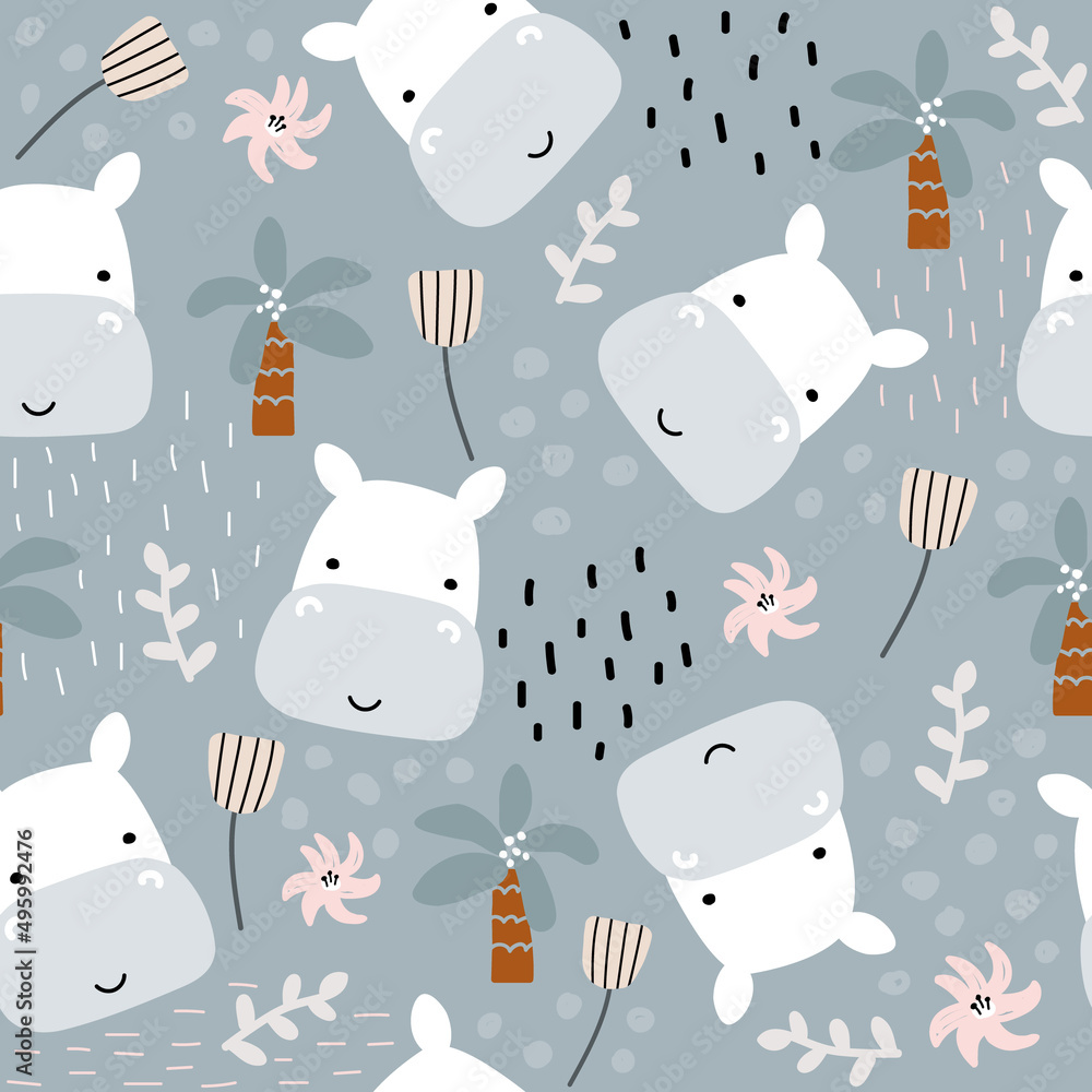 custom made wallpaper toronto digitalSeamless pattern with cute hippo and tropical plants. Childish print. Vector hand drawn illustration.