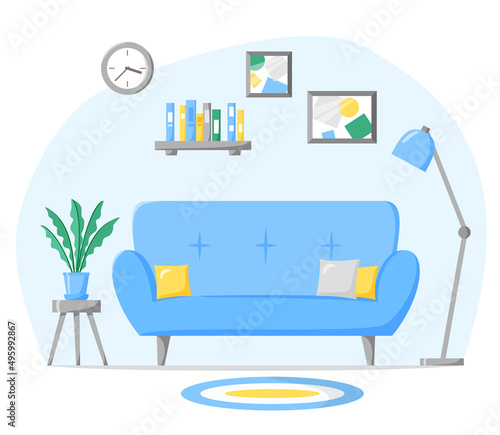 Living room in flat style, home interior with sofa, lamp, house plant in pot, book on shelf. Vector
