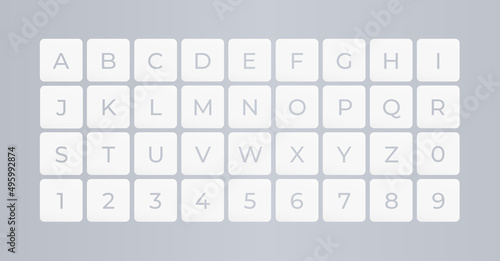 Font keyboard for digital world, virtual reality, HUD interface. ABC symbols in square for educational and logic games. Vector typography