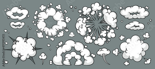 Comic cloud or smoke, cartoon vector motion effects, and explosions