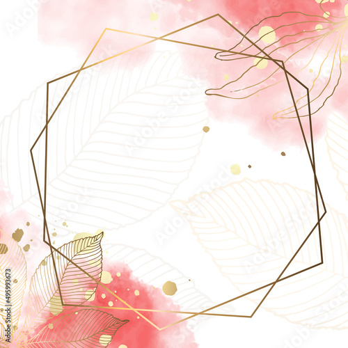 Golden square polygonal frame with watercolor stains and chestnut leaves. White background and place for text. Vector illustration. Hexagon