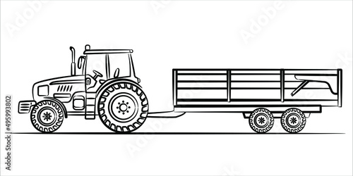 A hand drawn line art of a tractor with agricultural trailer. Farm Trailer abstract silhouette, side view. Modern farm tractor flat vector illustration.
