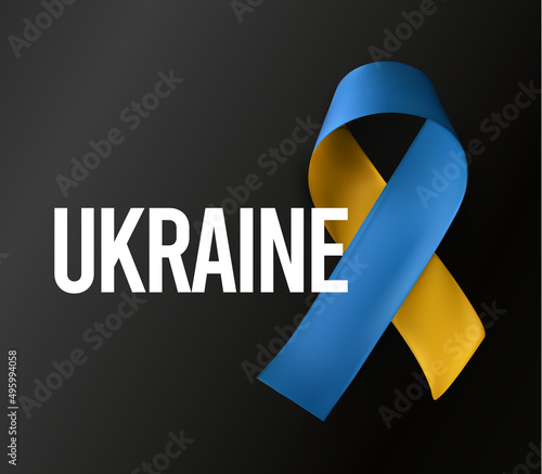 Ukraine support symbol, blue and yellow ribbon on dark background. Awareness war poster, vector illustration