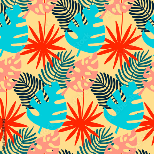 Monstera and palm seamless pattern, tropical leaf yellow red blue