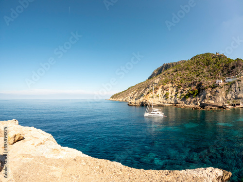 Tramuntana mountain range and Mediterranean sea beach , Mallorca, or Majorca, Balearic Islands, Spain, Europe