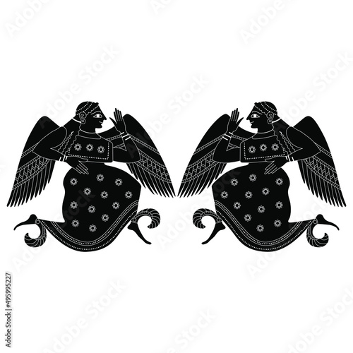 
Symmetrical design with two winged ancient Greek goddesses. Vase painting style. Black and white negative silhouette. photo