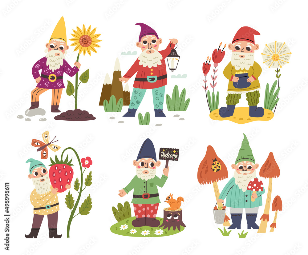 Set vector characters forest gnomes. Character dwarf elf doodle hand drawn flat cartoon background nursery vector digital paper textile fabric wallpaper