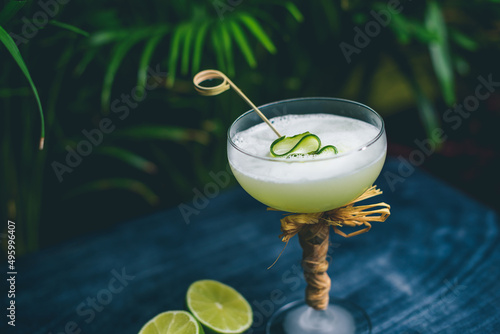 Gin gimlet cocktail garnished with cucumber served in chilled martini glass by proffesional bartender