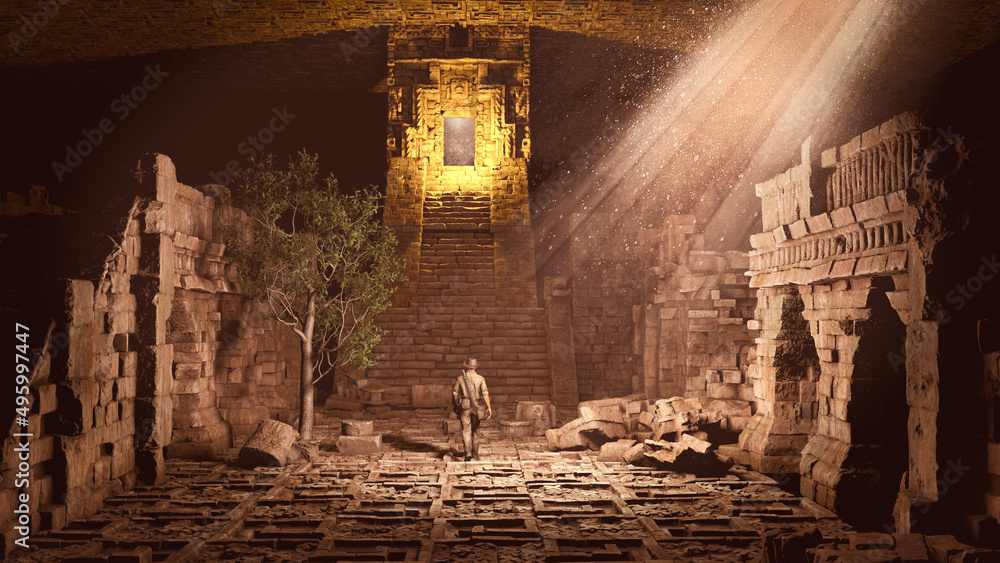 Explorer and archaeologist, worlds disappeared. Ancient civilizations, secrets and mysteries. Temples and structures. Discoveries of buildings from the past. Archeology and studies. Adventure - obrazy, fototapety, plakaty 