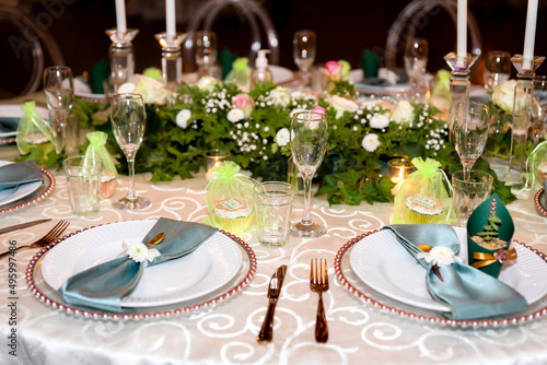 Green and Gold Theme Table setting and decorations