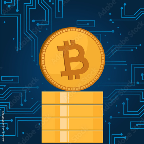 illustration of a bitcoin coin, on a pile of coins with a technology background 