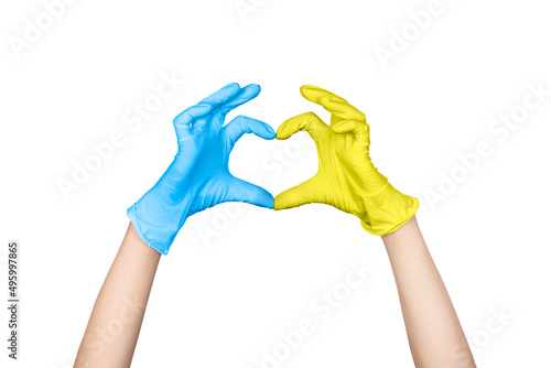 Hands toned in colors of Ukrainian Flag forms heart gesture. Stop war in Ukraine concept.