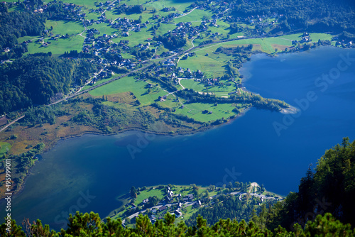 Hallstatt lake at sunny day in Austrian Alps  Salzkammergut region