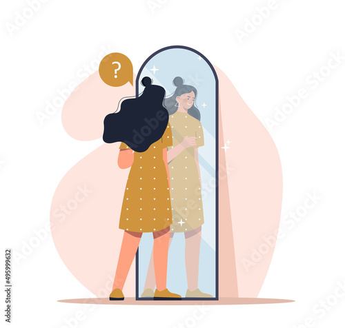 Self acceptance concept. Young girl stands in front of mirror. High self esteem, positive psychology and mental health. Character hugging her reflection, optimism. Cartoon flat vector illustration