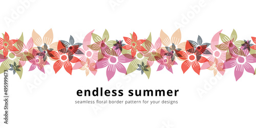 Vector seamless border pattern with flowers. Colorful repeatable horizontal background. Floral backdrop.