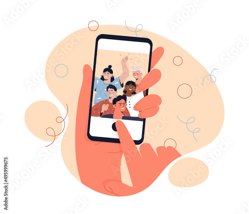 Selfie on smartphone. Character looking at photo with friends. Social media and posts, materials and communication on Internet. Modern technologies and digital world. Cartoon flat vector illustration