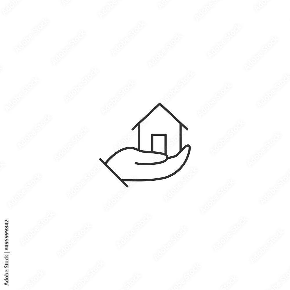 Hand house line icon. Home holding investment building