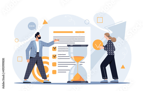 Time management concept. Man and girl with money next to hourglass. Colleagues finish project by deadline, responsible workers. Completing tasks, motivational poster. Cartoon flat vector illustration